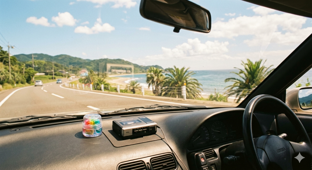 90年代の車のフロントガラスから眺める夏の青い海と海岸線の風景