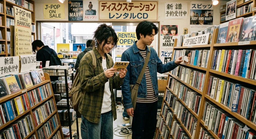 90年代の懐かしいCDショップの店内とJ-POPのアルバム棚の風景
